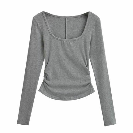 Women Square Neck Long Sleeve Tops Ruched Slim Fit Going Out T Shirts