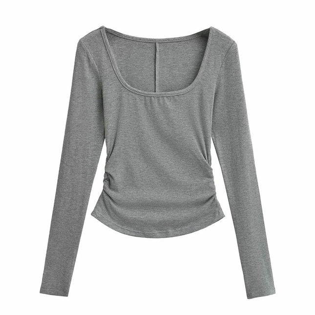 Women Square Neck Long Sleeve Tops Ruched Slim Fit Going Out T Shirts