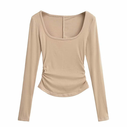 Women Square Neck Long Sleeve Tops Ruched Slim Fit Going Out T Shirts