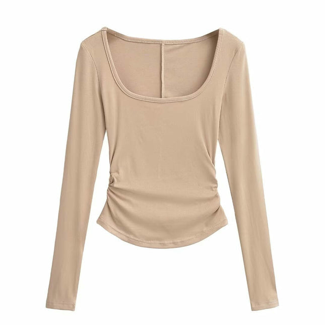 Women Square Neck Long Sleeve Tops Ruched Slim Fit Going Out T Shirts