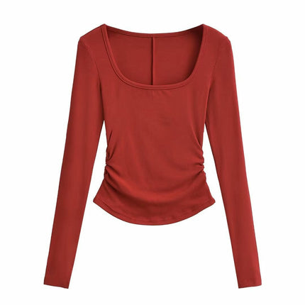 Women Square Neck Long Sleeve Tops Ruched Slim Fit Going Out T Shirts