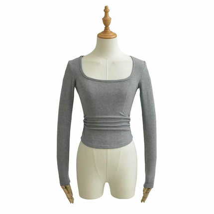 Women Square Neck Long Sleeve Tops Ruched Slim Fit Going Out T Shirts