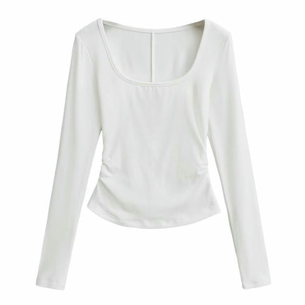 Women Square Neck Long Sleeve Tops Ruched Slim Fit Going Out T Shirts