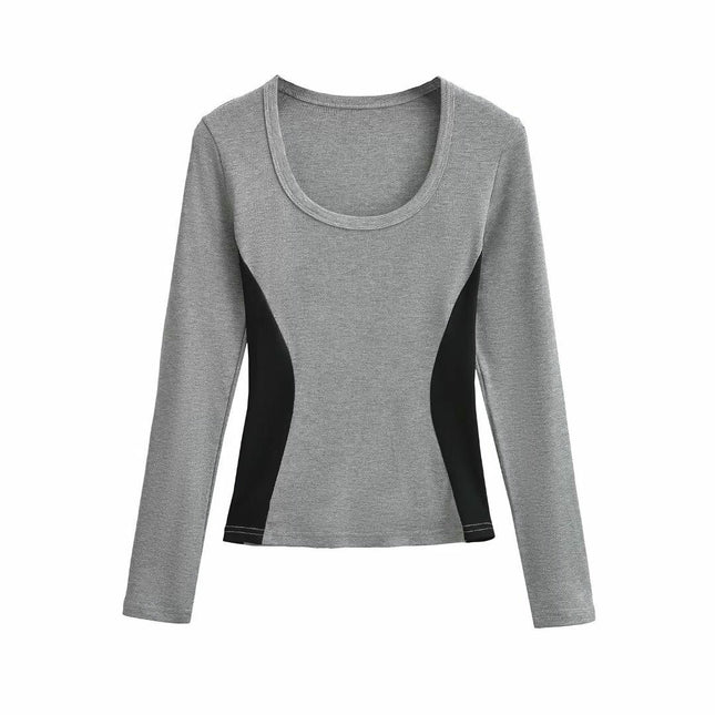 Women's Long Sleeve Scoop Neck Shirts Casual Slim Fit Colorblock Tops