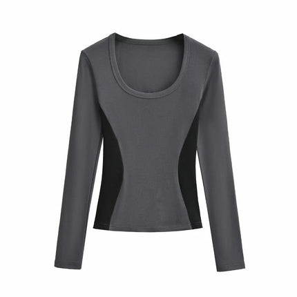 Women's Long Sleeve Scoop Neck Shirts Casual Slim Fit Colorblock Tops