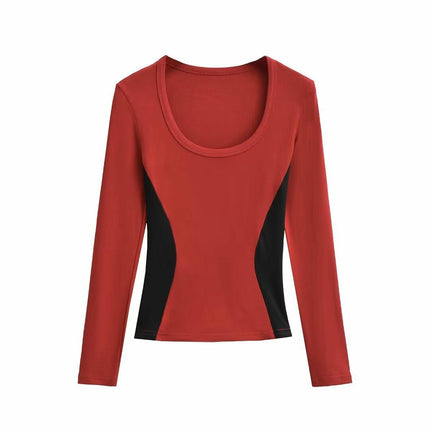 Women's Long Sleeve Scoop Neck Shirts Casual Slim Fit Colorblock Tops