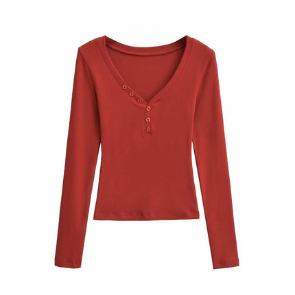 Womens Long Sleeve T Shirts Casual Slim Fit Button V Neck Henley Tops