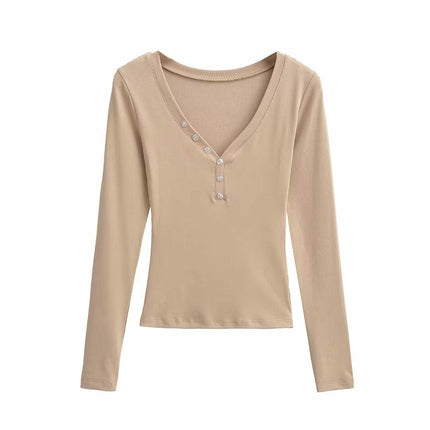 Womens Long Sleeve T Shirts Casual Slim Fit Button V Neck Henley Tops