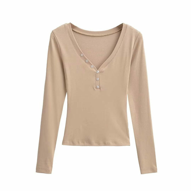 Womens Long Sleeve T Shirts Casual Slim Fit Button V Neck Henley Tops