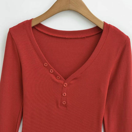 Womens Long Sleeve T Shirts Casual Slim Fit Button V Neck Henley Tops