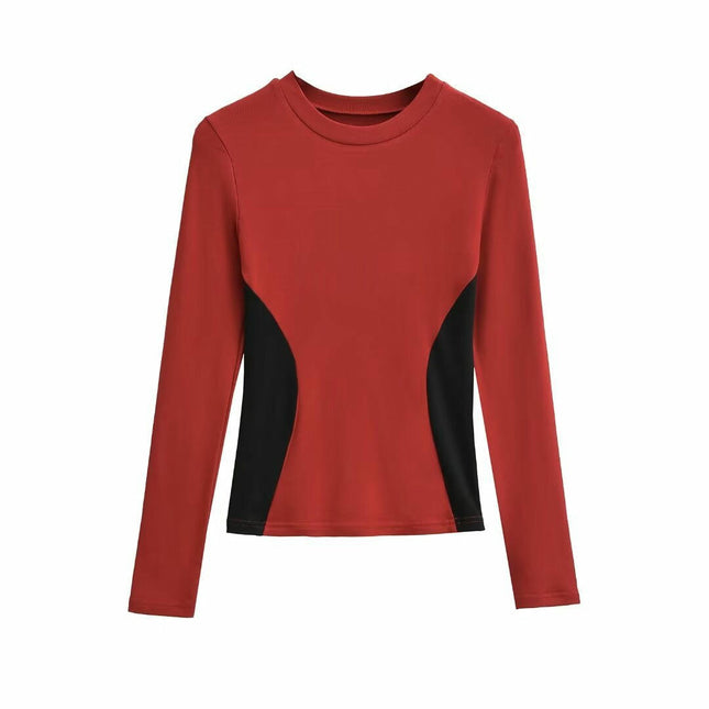 Womens Crew Neck Long Sleeve Colorblock T Shirts Slim Fit Going Out Tops