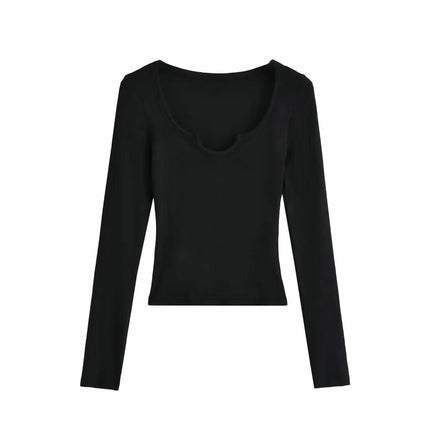 Women's Long Sleeve Scoop Neck V Notch Ribbed Slim Fitted Casual Basic Crop Top