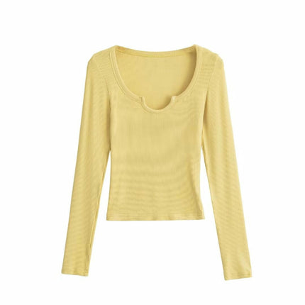 Women's Long Sleeve Scoop Neck V Notch Ribbed Slim Fitted Casual Basic Crop Top