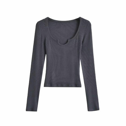 Women's Long Sleeve Scoop Neck V Notch Ribbed Slim Fitted Casual Basic Crop Top