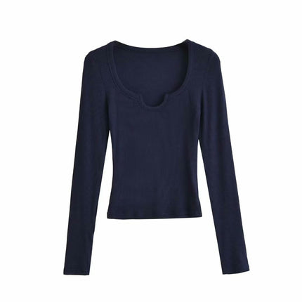Women's Long Sleeve Scoop Neck V Notch Ribbed Slim Fitted Casual Basic Crop Top