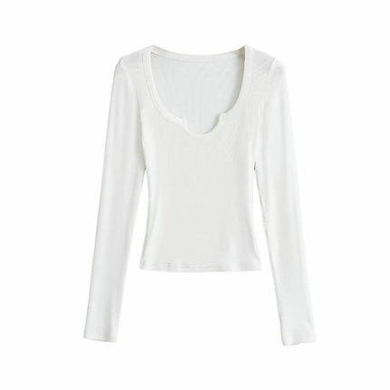 Women's Long Sleeve Scoop Neck V Notch Ribbed Slim Fitted Casual Basic Crop Top