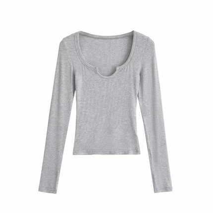 Women's Long Sleeve Scoop Neck V Notch Ribbed Slim Fitted Casual Basic Crop Top