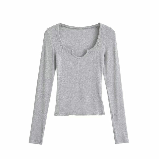 Women's Long Sleeve Scoop Neck V Notch Ribbed Slim Fitted Casual Basic Crop Top