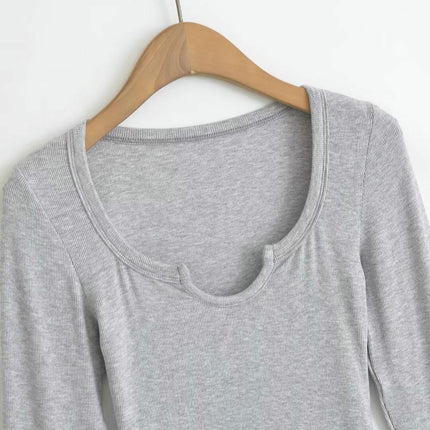 Women's Long Sleeve Scoop Neck V Notch Ribbed Slim Fitted Casual Basic Crop Top