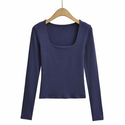 Womens Long Sleeve Shirts Square Neck Tops Casual Basic Slim Fit Fall Tees