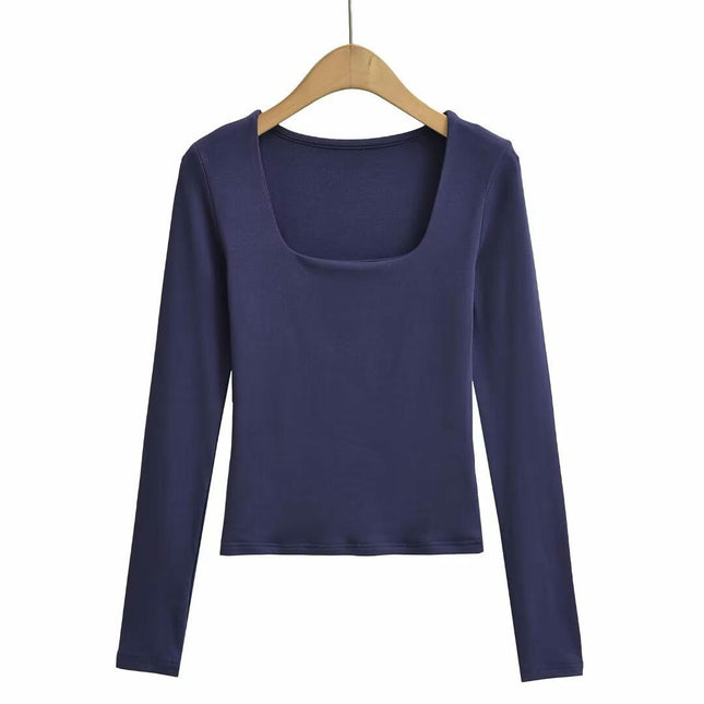 Womens Long Sleeve Shirts Square Neck Tops Casual Basic Slim Fit Fall Tees