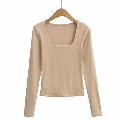 Womens Long Sleeve Shirts Square Neck Tops Casual Basic Slim Fit Fall Tees