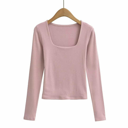 Womens Long Sleeve Shirts Square Neck Tops Casual Basic Slim Fit Fall Tees