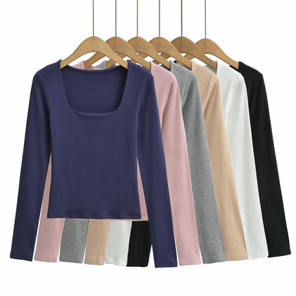 Womens Long Sleeve Shirts Square Neck Tops Casual Basic Slim Fit Fall Tees