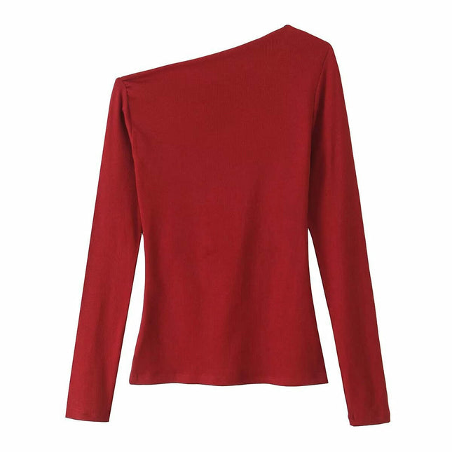Women's Asymmetrical Neck Ribbed Knit Shirts Long Sleeve Slim Fit Going Out Tops