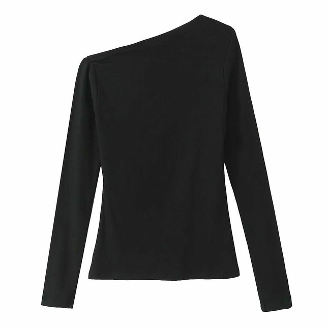 Women's Asymmetrical Neck Ribbed Knit Shirts Long Sleeve Slim Fit Going Out Tops