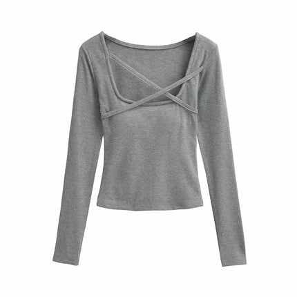Women's Long Sleeve Slim Fitted Shirts Square Neck Casual Crop Tops