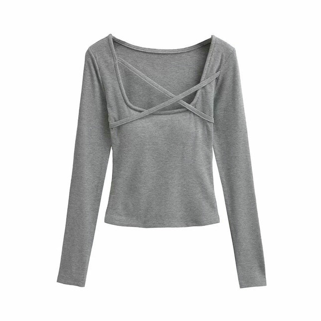 Women's Long Sleeve Slim Fitted Shirts Square Neck Casual Crop Tops