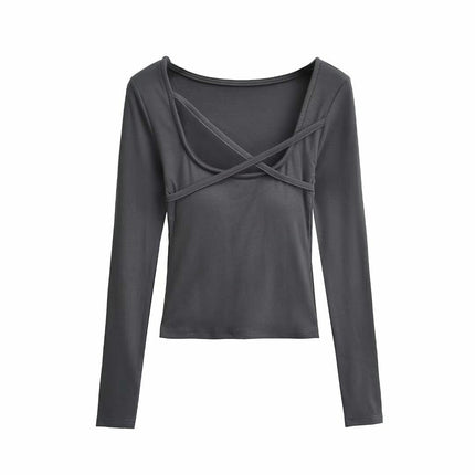 Women's Long Sleeve Slim Fitted Shirts Square Neck Casual Crop Tops