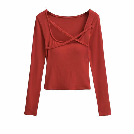 Women's Long Sleeve Slim Fitted Shirts Square Neck Casual Crop Tops