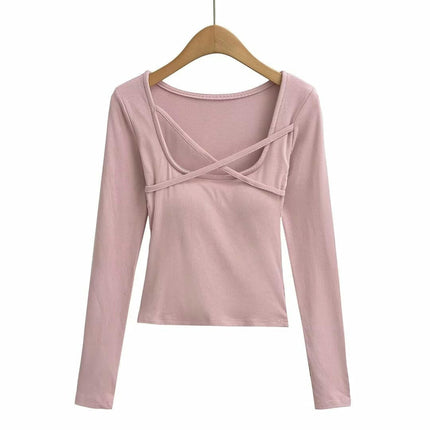 Women's Long Sleeve Slim Fitted Shirts Square Neck Casual Crop Tops