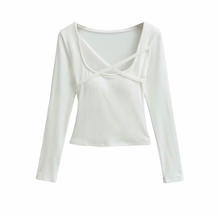 Women's Long Sleeve Slim Fitted Shirts Square Neck Casual Crop Tops