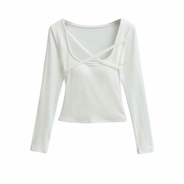 Women's Long Sleeve Slim Fitted Shirts Square Neck Casual Crop Tops