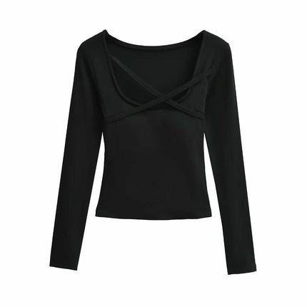 Women's Long Sleeve Slim Fitted Shirts Square Neck Casual Crop Tops