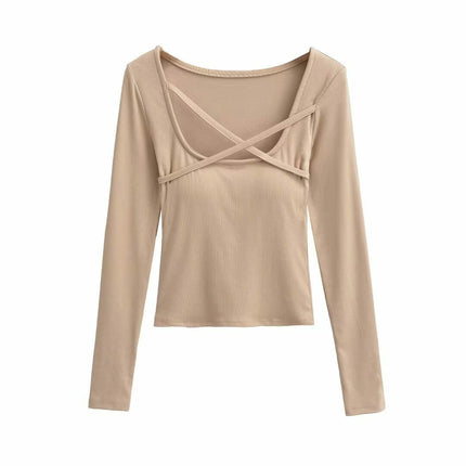 Women's Long Sleeve Slim Fitted Shirts Square Neck Casual Crop Tops
