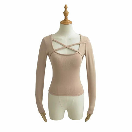 Women's Long Sleeve Slim Fitted Shirts Square Neck Casual Crop Tops