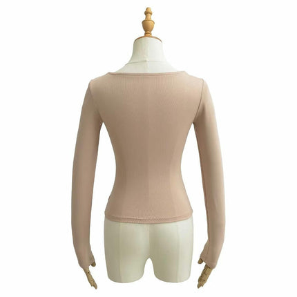 Women's Long Sleeve Slim Fitted Shirts Square Neck Casual Crop Tops