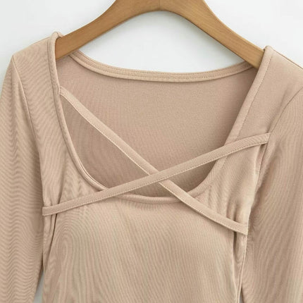 Women's Long Sleeve Slim Fitted Shirts Square Neck Casual Crop Tops