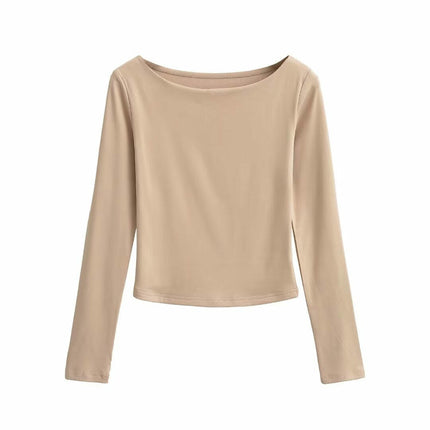 Women Casual Slim Fitted Basic T Shirts Crew Neck Long Sleeve Crop Top