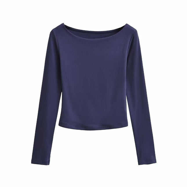 Women Casual Slim Fitted Basic T Shirts Crew Neck Long Sleeve Crop Top