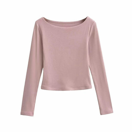 Women Casual Slim Fitted Basic T Shirts Crew Neck Long Sleeve Crop Top