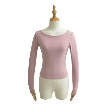 Women Casual Slim Fitted Basic T Shirts Crew Neck Long Sleeve Crop Top