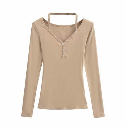 Women's Fall Long Sleeve Henley T Shirts Button V Neck Slim Fit Casual Tops