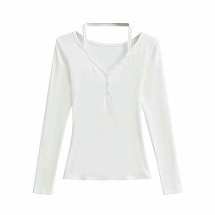 Women's Fall Long Sleeve Henley T Shirts Button V Neck Slim Fit Casual Tops