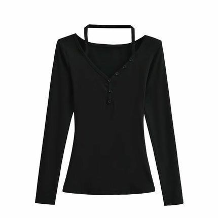 Women's Fall Long Sleeve Henley T Shirts Button V Neck Slim Fit Casual Tops