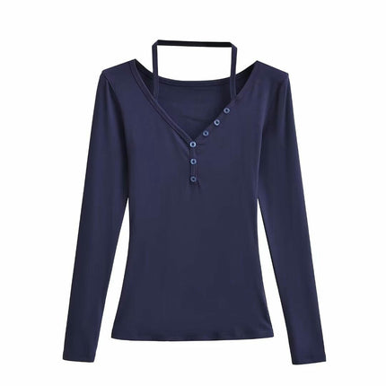 Women's Fall Long Sleeve Henley T Shirts Button V Neck Slim Fit Casual Tops